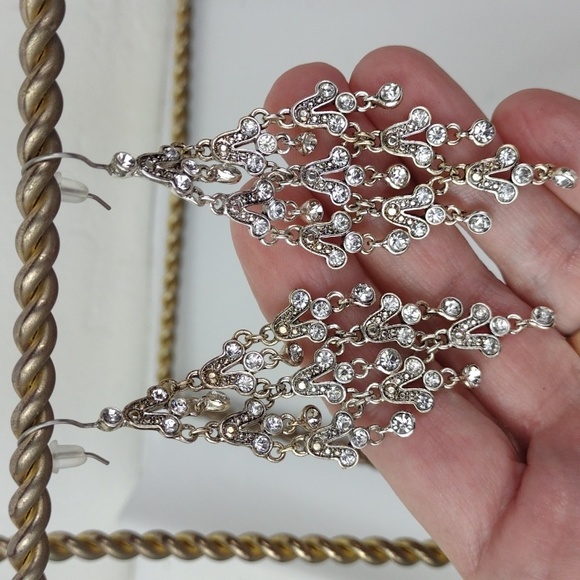 Rhinestone Chandelier Fringe Silver-Tone With Golden Hue Drop Earrings - Picture 6 of 11